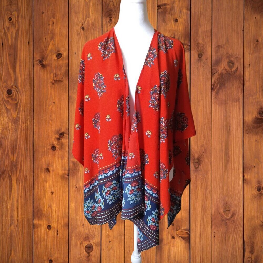 Marcus Adler One Size Women's Red Floral Wrap Poncho Cover Up Boho Hippie Travel